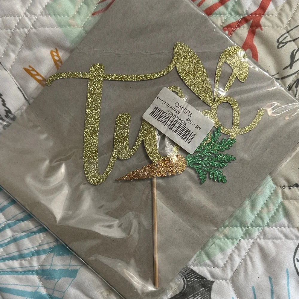“Two” Gold and Green Glitter Cake Topper for second birthday with carrot